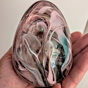 Vintage Signed ES Miller Large Art Glass Egg Paperweight W Pink & Blue Swirls